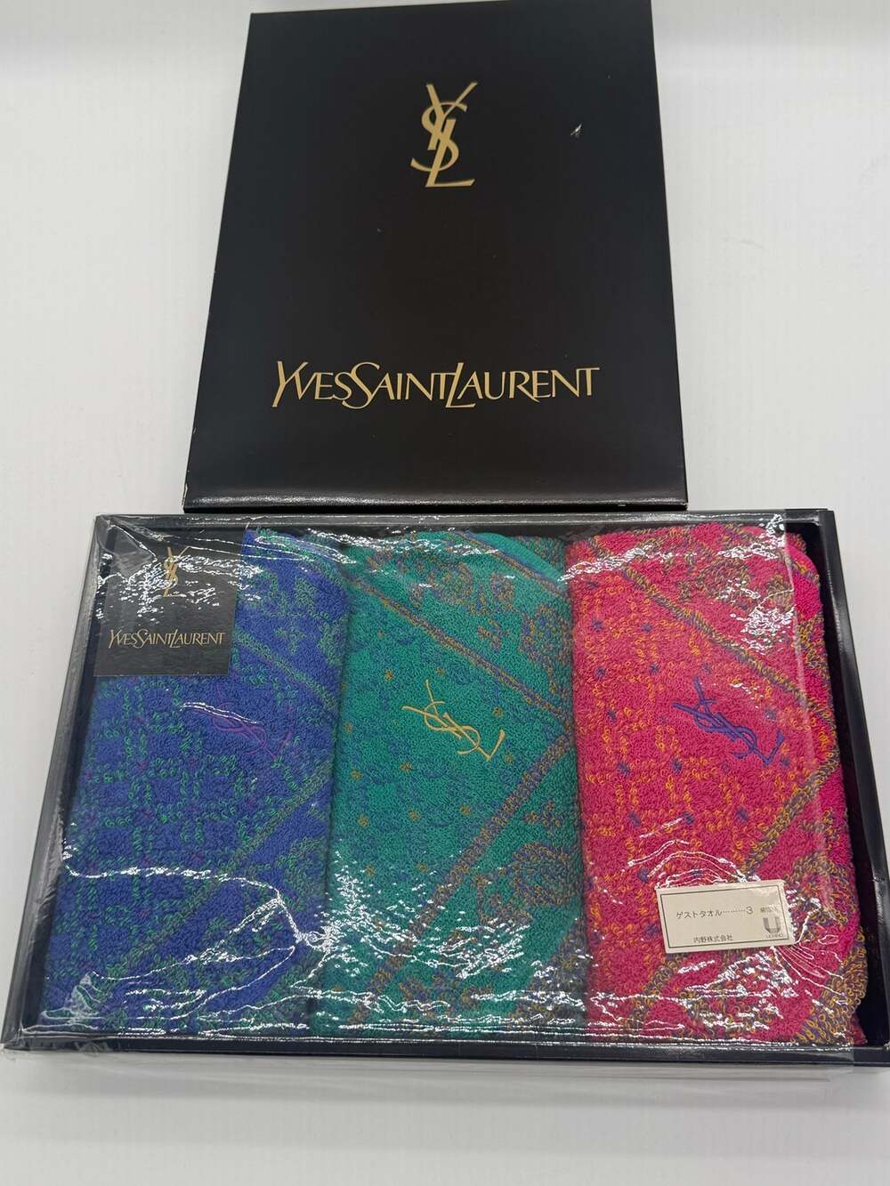 Vintage Yves Saint Laurent 3pc Guest Towel Set - Blue Teal Pink Cotton NIB